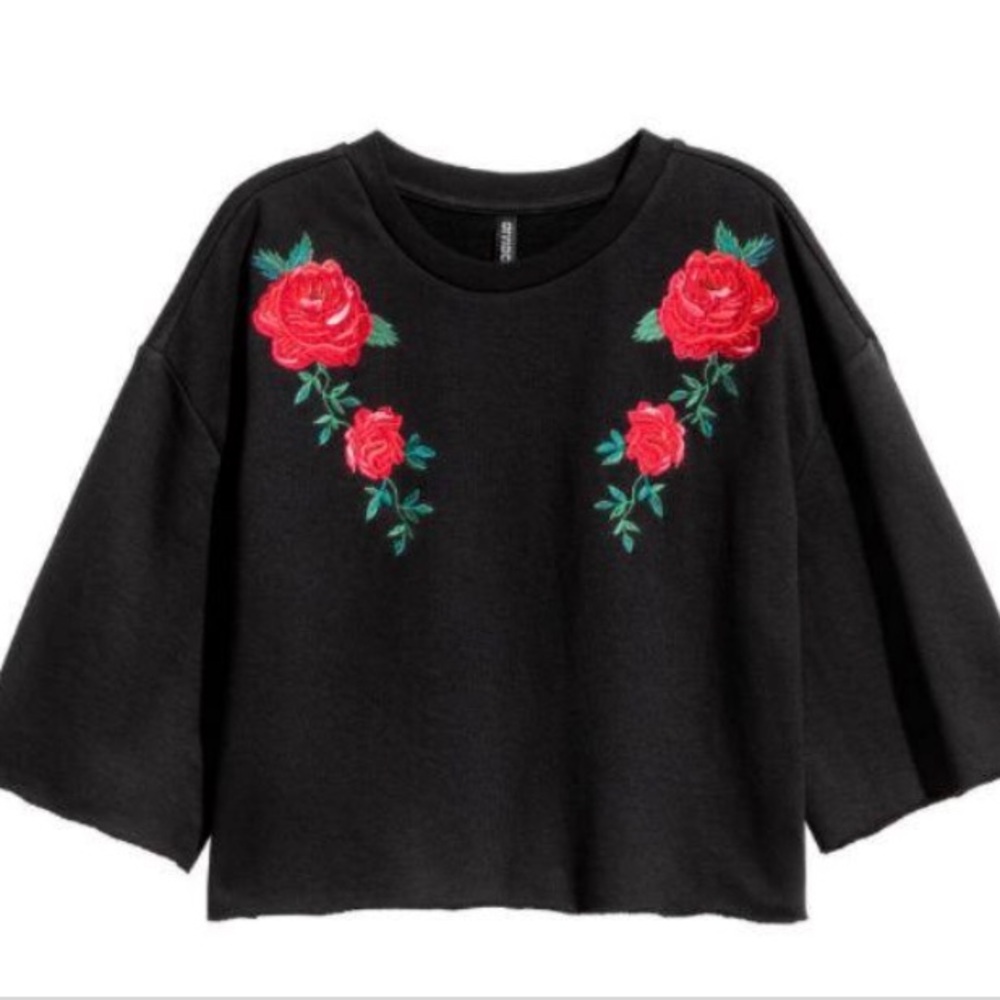 H&M Embroidered Rose Crew Neck